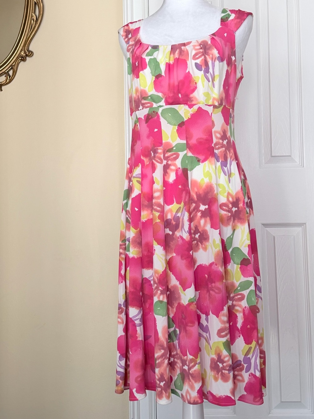 London Times Pink Floral Fit & Flare Sleeveless Dress watercolor Size 10